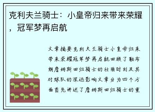 克利夫兰骑士：小皇帝归来带来荣耀，冠军梦再启航
