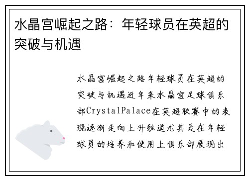 水晶宫崛起之路：年轻球员在英超的突破与机遇