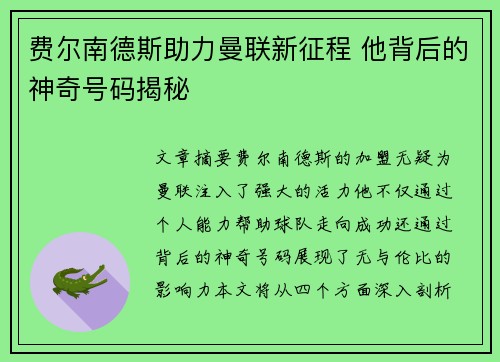 费尔南德斯助力曼联新征程 他背后的神奇号码揭秘